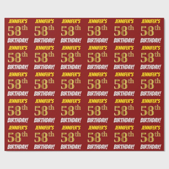 Red, Faux/Imitation Guld, "58:e BIRTHDAY" Presentpapper (Platt)