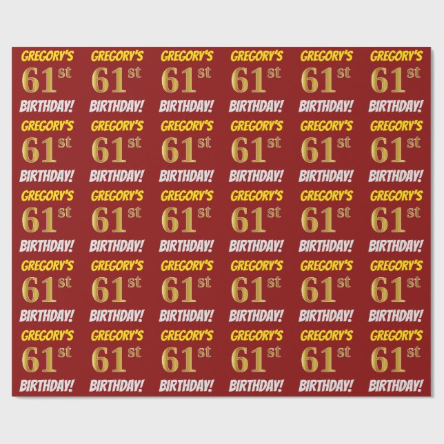 Red, Faux/Imitation Guld, "61:a BIRTHDAY" Presentpapper (Platt)