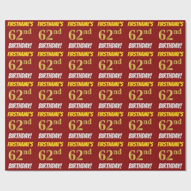Red, Faux/Imitation Guld, "62:a BIRTHDAY" Presentpapper (Platt)