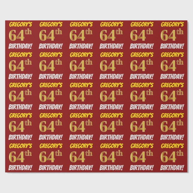 Red, Faux/Imitation Guld, "64:e BIRTHDAY" Presentpapper (Platt)