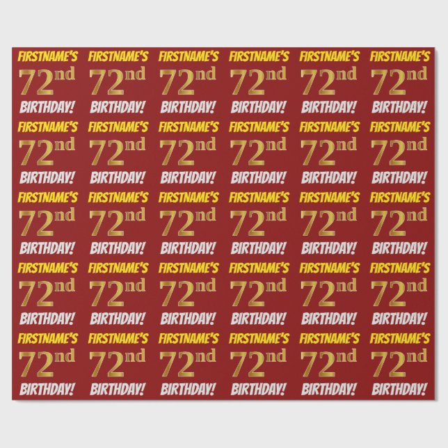 Red, Faux/Imitation Guld, "72:a BIRTHDAY" Presentpapper (Platt)