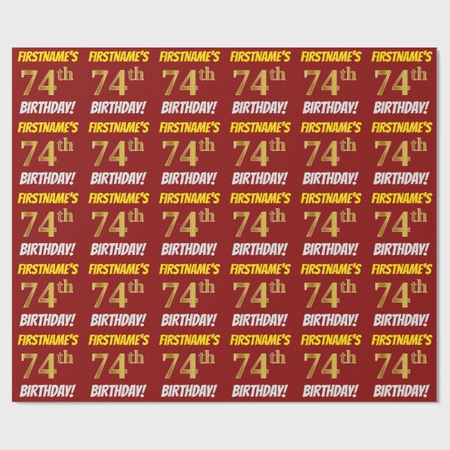 Red, Faux/Imitation Guld, "74:e BIRTHDAY" Presentpapper (Platt)