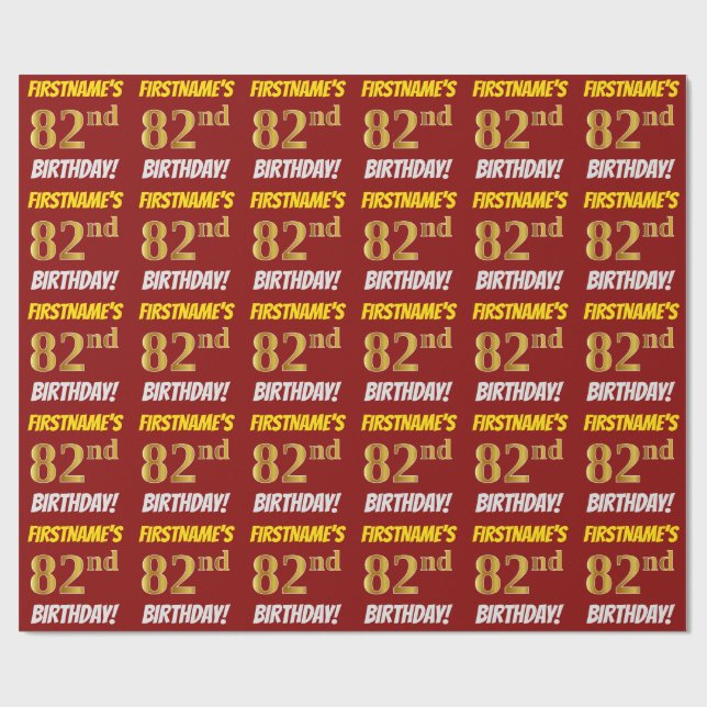 Red, Faux/Imitation Guld, "82:a BIRTHDAY" Presentpapper (Platt)