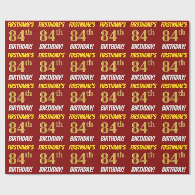 Red, Faux/Imitation Guld, "84:e BIRTHDAY" Presentpapper (Platt)