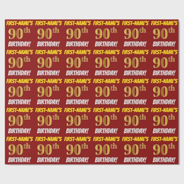 Red, Faux/Imitation Guld, "90:e BIRTHDAY" Presentpapper (Platt)