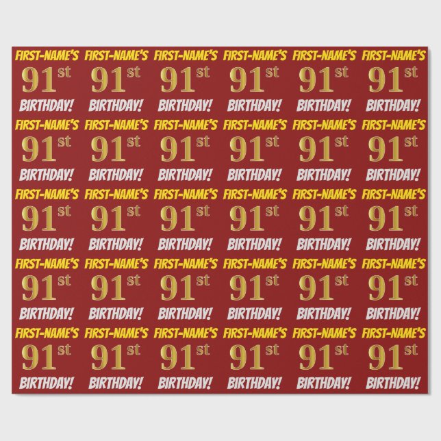 Red, Faux/Imitation Guld, "91:a BIRTHDAY" Presentpapper (Platt)