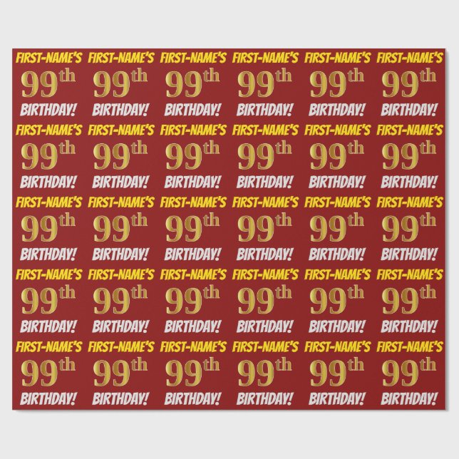 Red, Faux/Imitation Guld, "99th BIRTHDAY" Presentpapper (Platt)