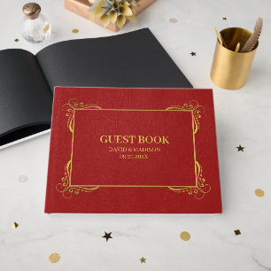 Red Faux Leather Guld Ram Gästböcker