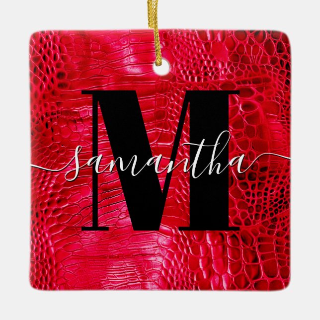 Red Faux Leather Monogram Photo Julgransprydnad Keramik (Framsida)