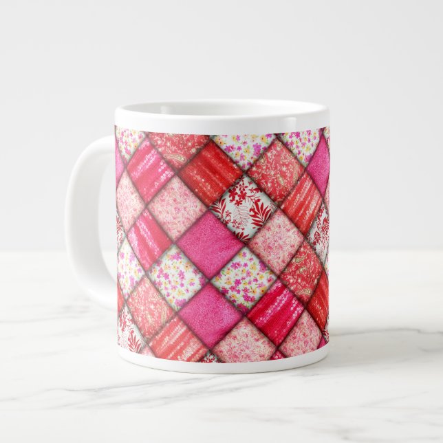 Red Faux Patchwork Quilting Mönster Jumbo Mugg (Framsida vänster)