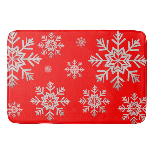 Red Faux Silver Glitter Snowflake Bath Mat Badrumsmatta (Framsidan)