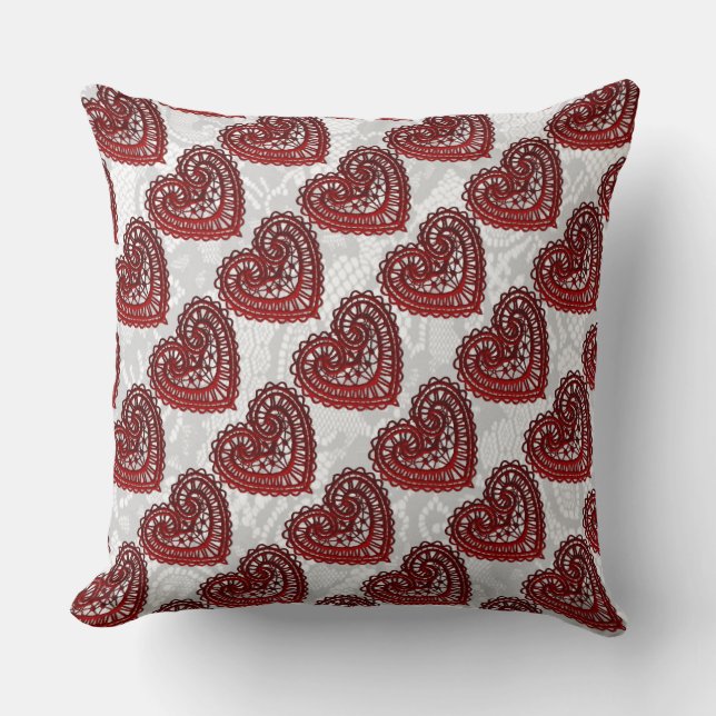 Red Faux Snöre Valentine Hearts Kudde (Framsida)