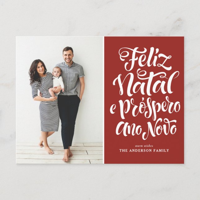 Red Feliz Natal Calligraphy-julfoto Helg Vykort (Framsida)