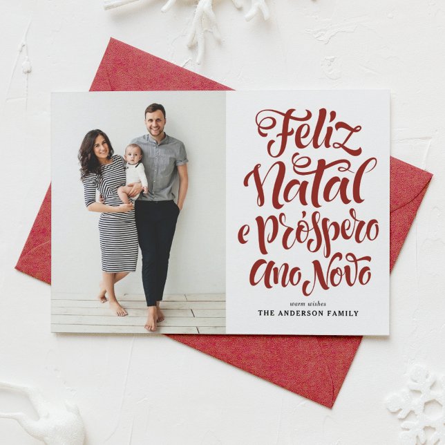 Red Feliz Natal Calligraphy-julfoto Julkort (Skapare uppladdad)