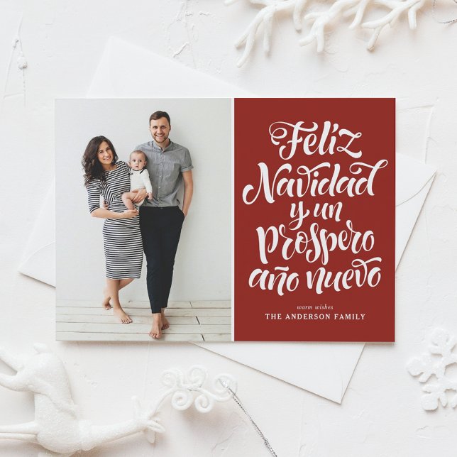Red Feliz Navidad Script-julfoto Julkort (Skapare uppladdad)