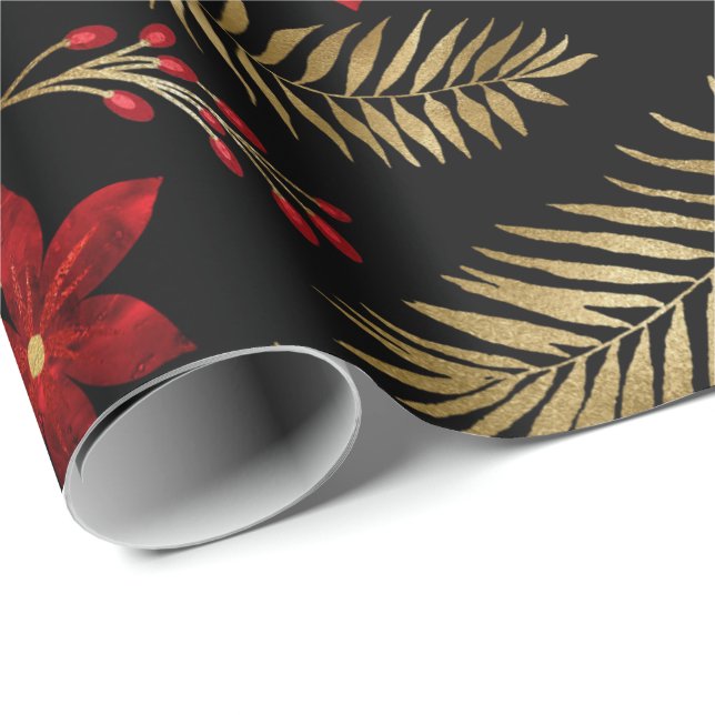 Red Fern Bunch Foil Blommigt Glitter Guld Black Presentpapper (Rullad Hörn)