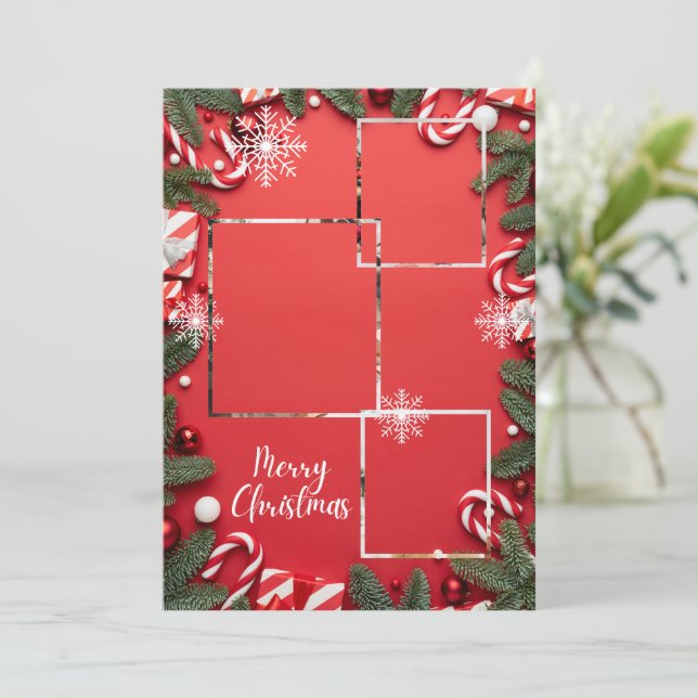 Red Festive God jul Helgdag Photo Collage Inbjudningar (Stående Fram)