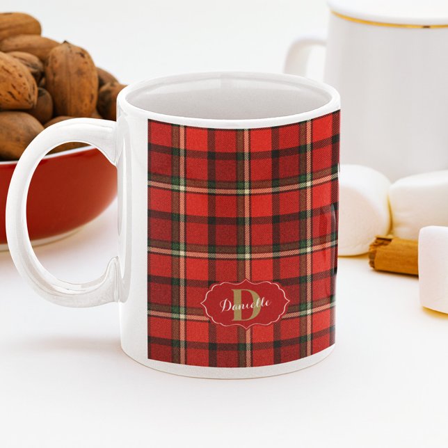 Red Festive Julafton Monogram Play-jul Kaffemugg (Red Festive Xmas Monogram Plaid Christmas Coffee Mug)