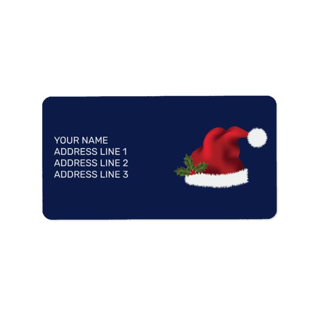 Red Festive Santa Hat on Blue med Anpassningsbar T Adressetikett (Framsidan)