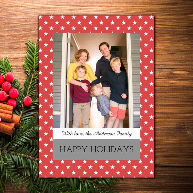Red Festive Stars Helgdag Photo Flat Card Julkort (Red Festive Stars Holiday Photo Card)
