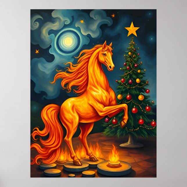 Red Fiery Horse vid Julgran & Måne Poster (Framsidan)