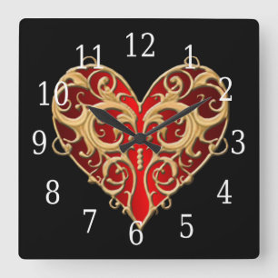 Red Filigree Heart Clock Fyrkantig Klocka