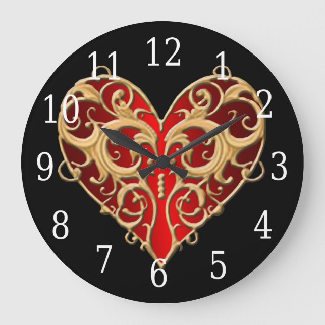 Red Filigree Heart Clock Stor Klocka (Framsida)