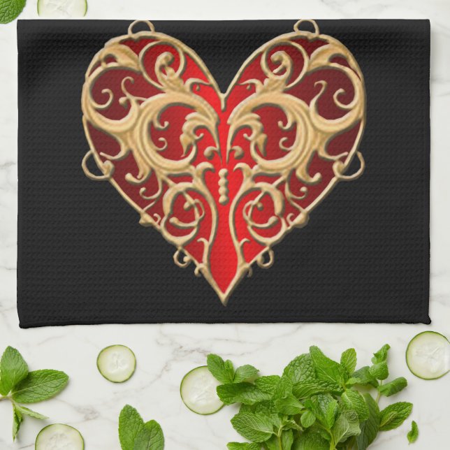 Red Filigree Heart Kitchen Towel Kökshandduk (Vikta)