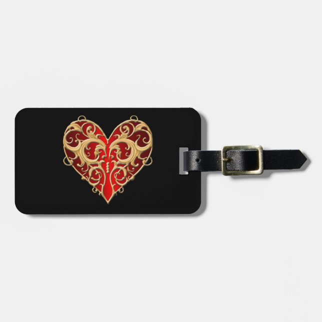 Red Filigree Heart Luggage Tag Bagagebricka (Horisontell Framsida)