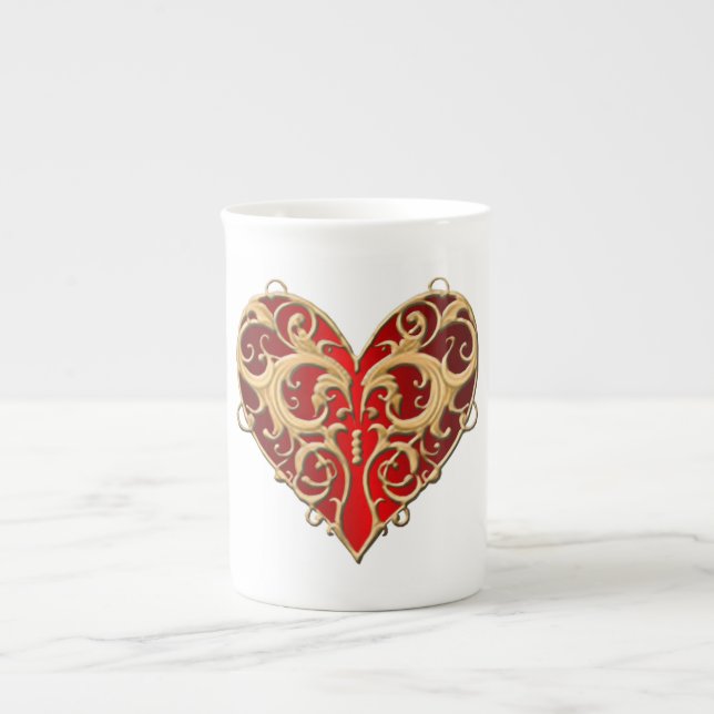 Red Filigree Heart Mugg Benporslin Mugg (Framsidan)