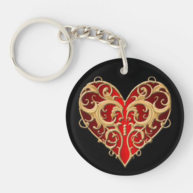 Red Filigree Heart Nyckelring (Framsidan)