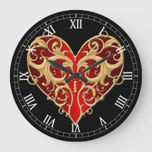 Red Filigree Heart Roman Numeral Clock Stor Klocka