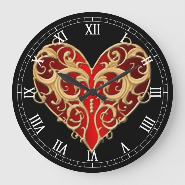 Red Filigree Heart Roman Numeral Clock Stor Klocka (Framsida)