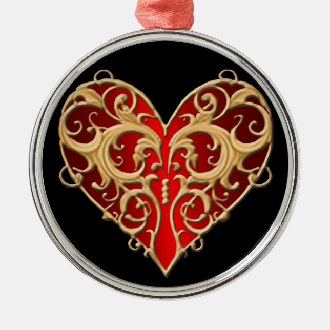 Red Filigree Heart Round Ornament (Framsidan)