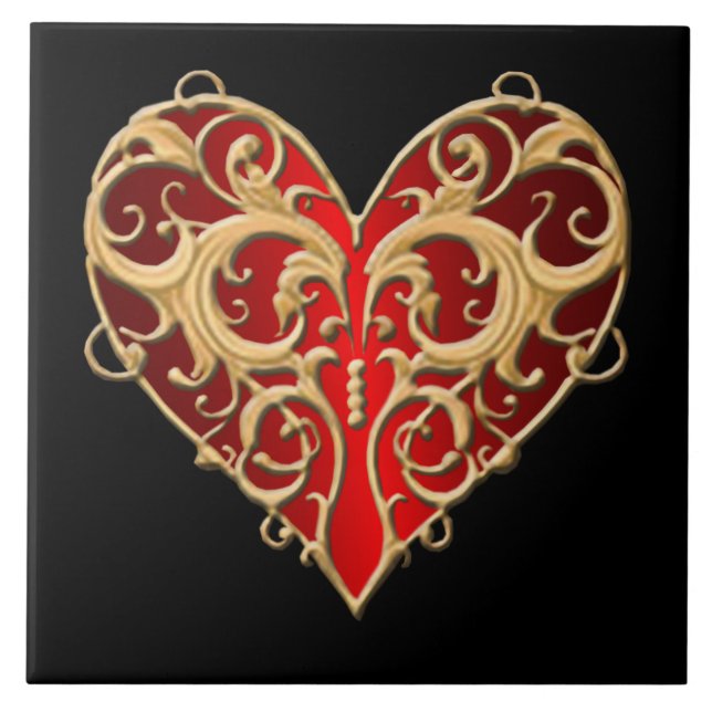 Red Filigree Heart Tile Kakelplatta (Framsidan)