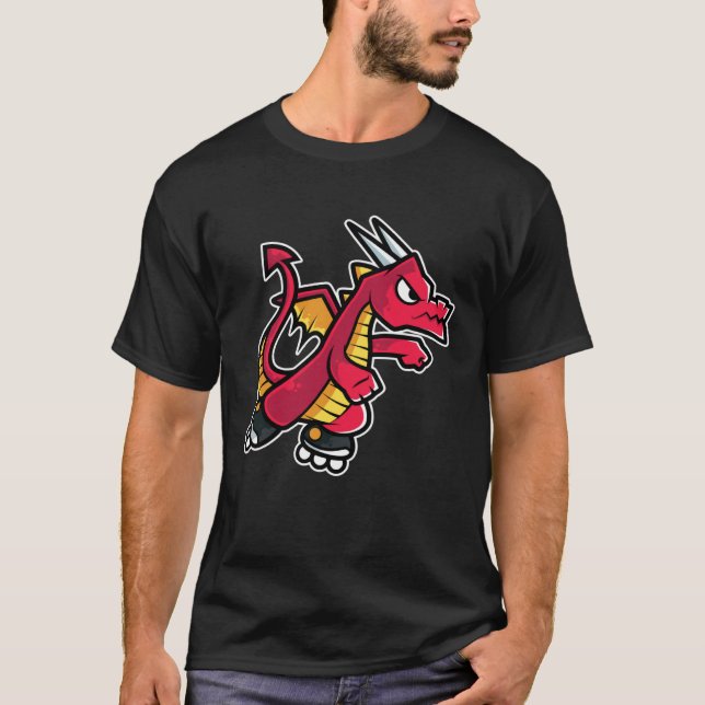 Red Fire Dragon Retro Roller Skate T Shirt (Framsida)