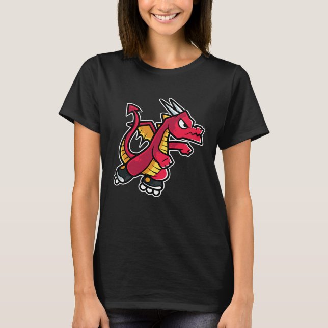 Red Fire Dragon Retro Roller Skate T Shirt (Framsida)