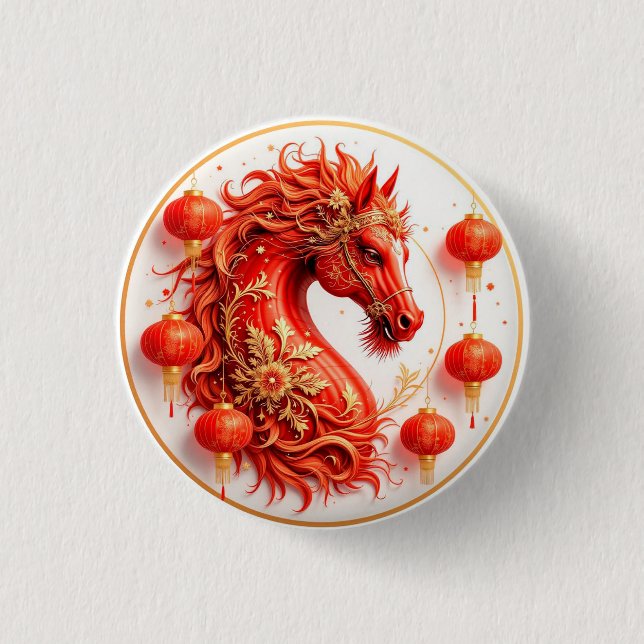 Red Fire Horse - 2026 nyårsdesign i Firande Knapp (Framsida)