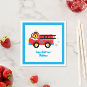 Red Fire Lastbil Adsible Smiling Fireman Birthday Pappersservett