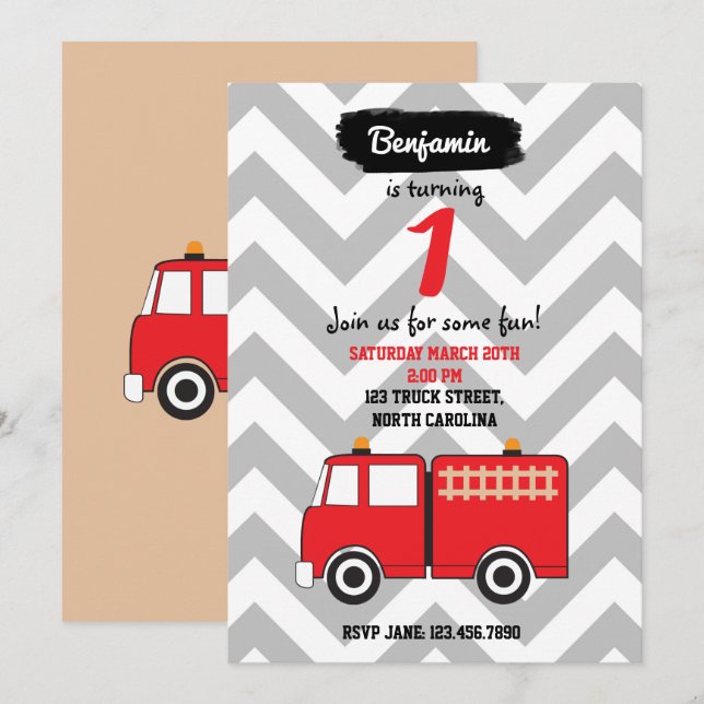 Red Fire Lastbil Birthday Call for Boy or Girl Inbjudningar (Fram/baksida)