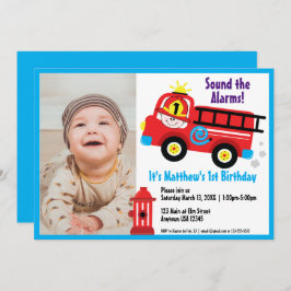 Red Fire Lastbil Lycklig Fireman Cute Tecknad Teck Inbjudningar