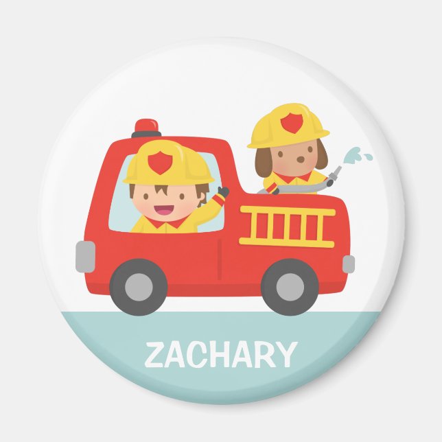 Red Fire Lastbil med Fire fighBoy och Puppy Magnet (Framsidan)