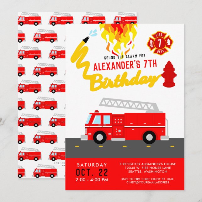 Red Fire Party Theme Firefighter Birthday Inbjudningar (Fram/baksida)