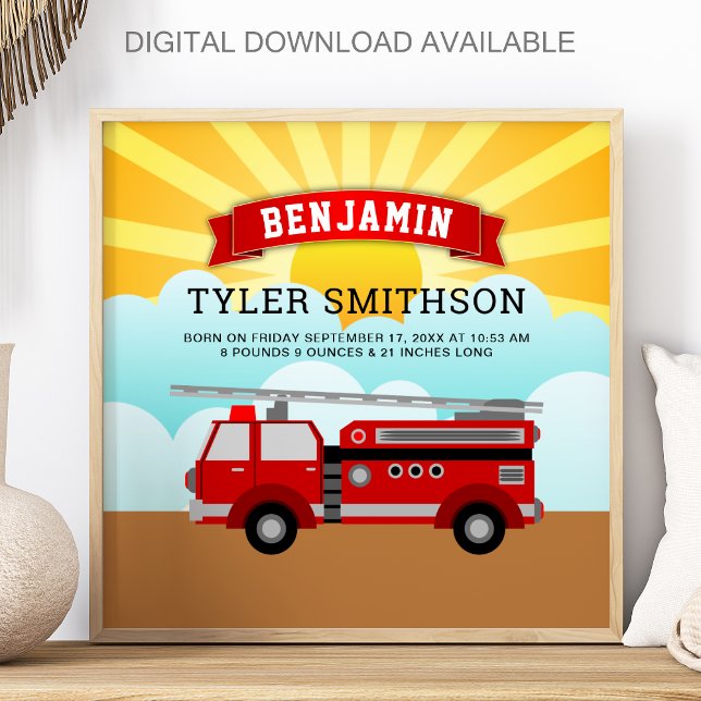 Red Fire Truck Firefighter Baby Birth Stats Poster (Skapare uppladdad)
