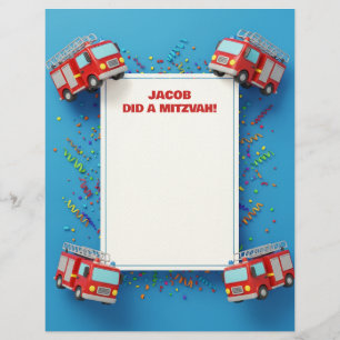 Red Firefighter Firecar Customized Mitzvah Note Brevhuvud