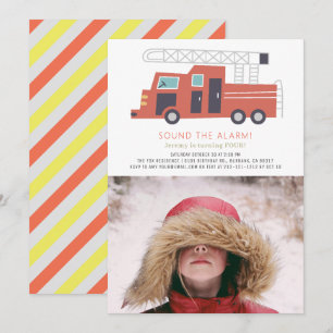 Red Firelångtruck Firefighter Boy Photo Birthday Inbjudningar