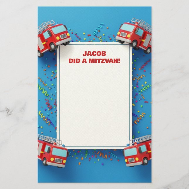 Red Firetrucks Customized Namn Mitzvah Notes Brevpapper (Framsida)