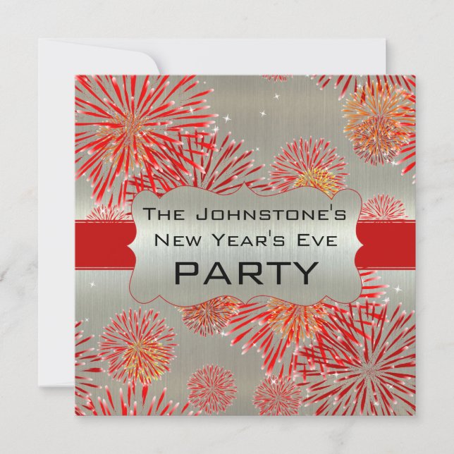 Red Fireworks på Silver Nyårsafton Party Inbjudningar (Framsida)