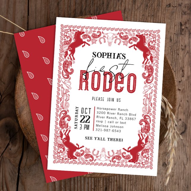 Red First Rodeo Birthday bjudande - Western Cowb Inbjudningar (Red Country Western Birthday Invite)