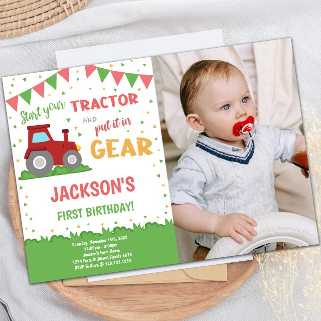 Red Flaggor Tractor Birthday Bjud med foto Inbjudningar (Red Flags Tractor Birthday Invitations w Photo)
